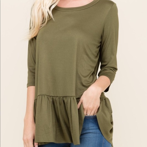 Surprise_Dlight Tops - Olive Drop waist Pleated 3/4 Sleeve Top